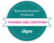 Teal circular badge with the text