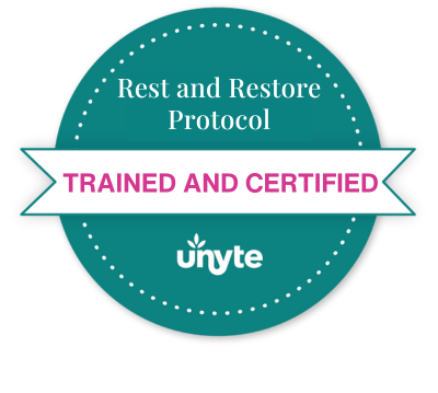 Teal circular badge with the text