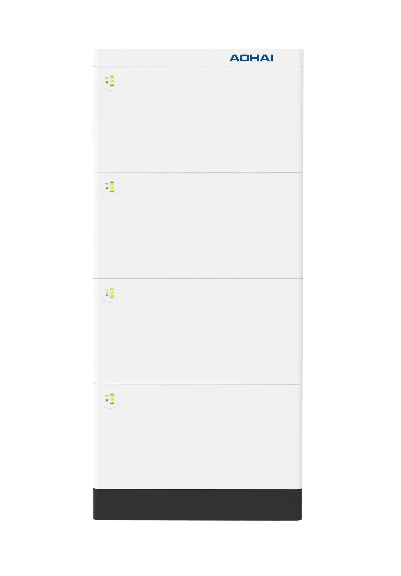 Wit ACHAI-zonnebatterijsysteem met vier op elkaar gestapelde panelen en indicatielampjes.