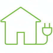 Groene omtrek van een huis, verbonden met een snoer en een stopcontact.