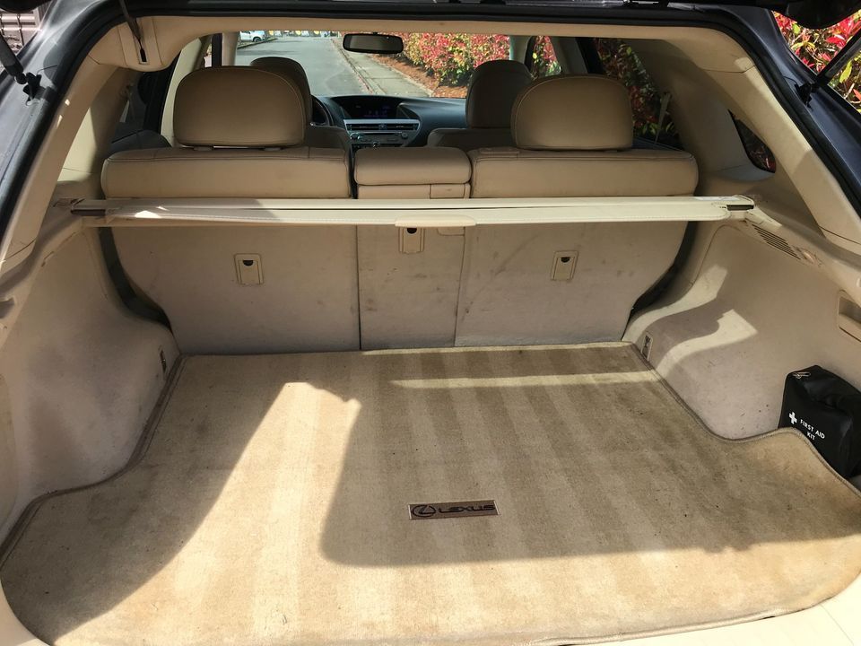 The back of a car with the trunk open and a carpeted floor.