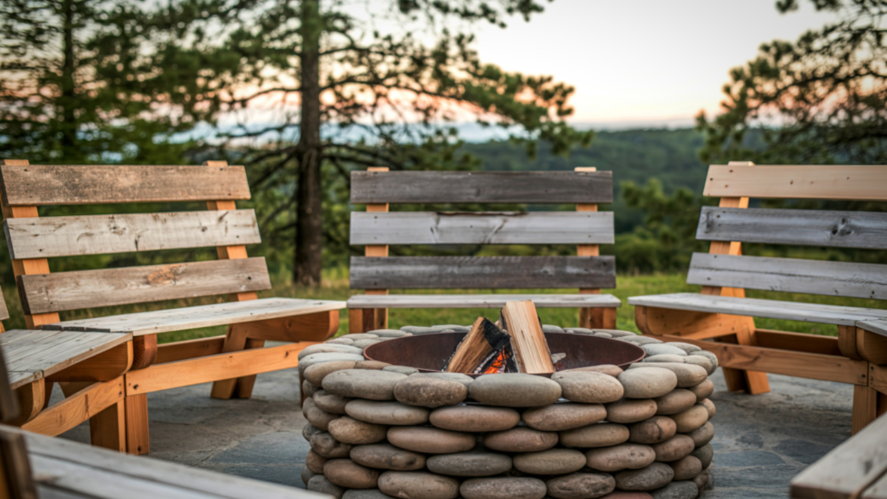 A stone fire pit surrounded by rustic wooden benches on a patio overlooking a scenic, forested landscape at twilight.