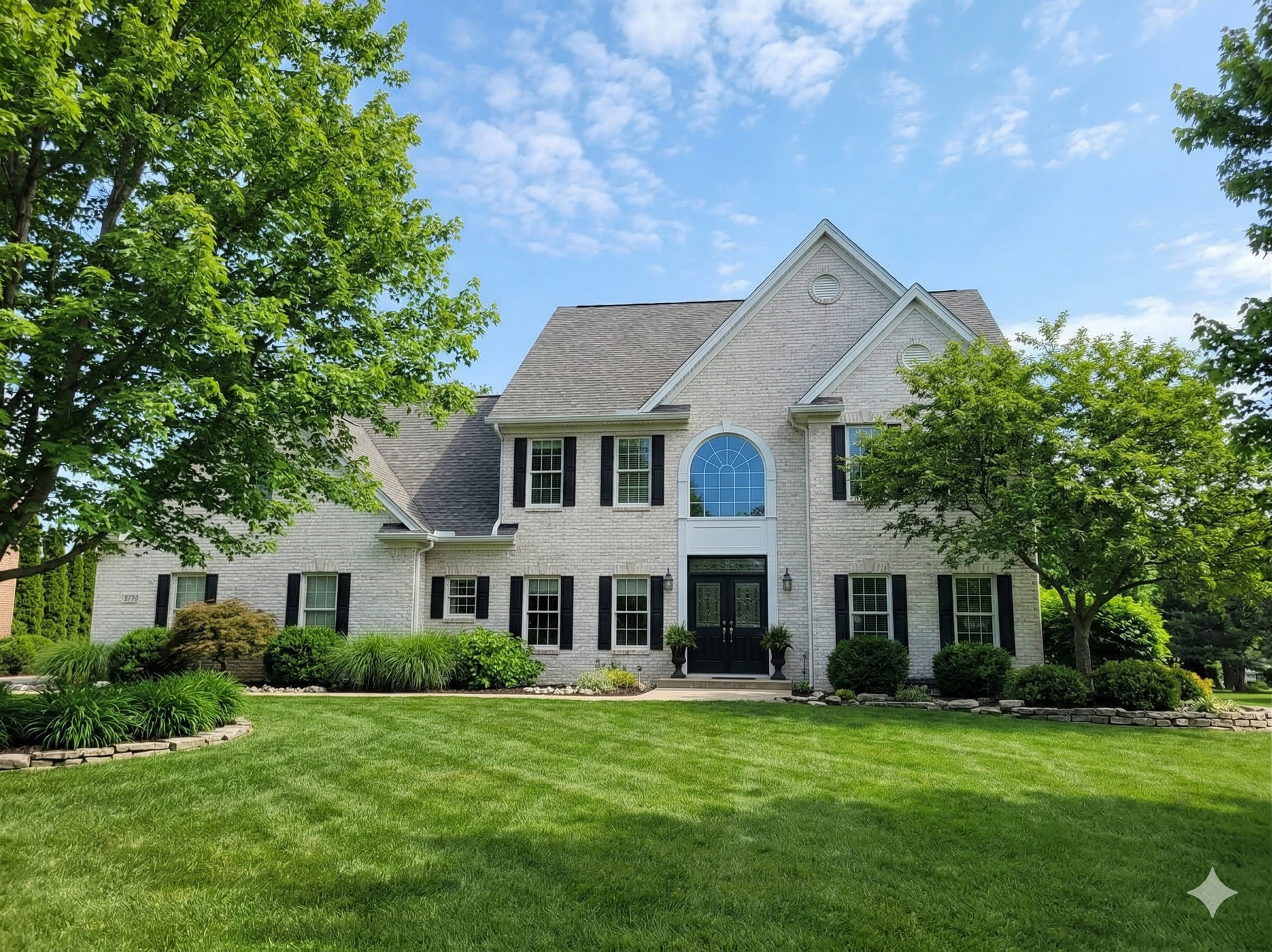 A two-story, light stone-colored colonial home with dark shutters sits behind a large green lawn under a sunny sky.