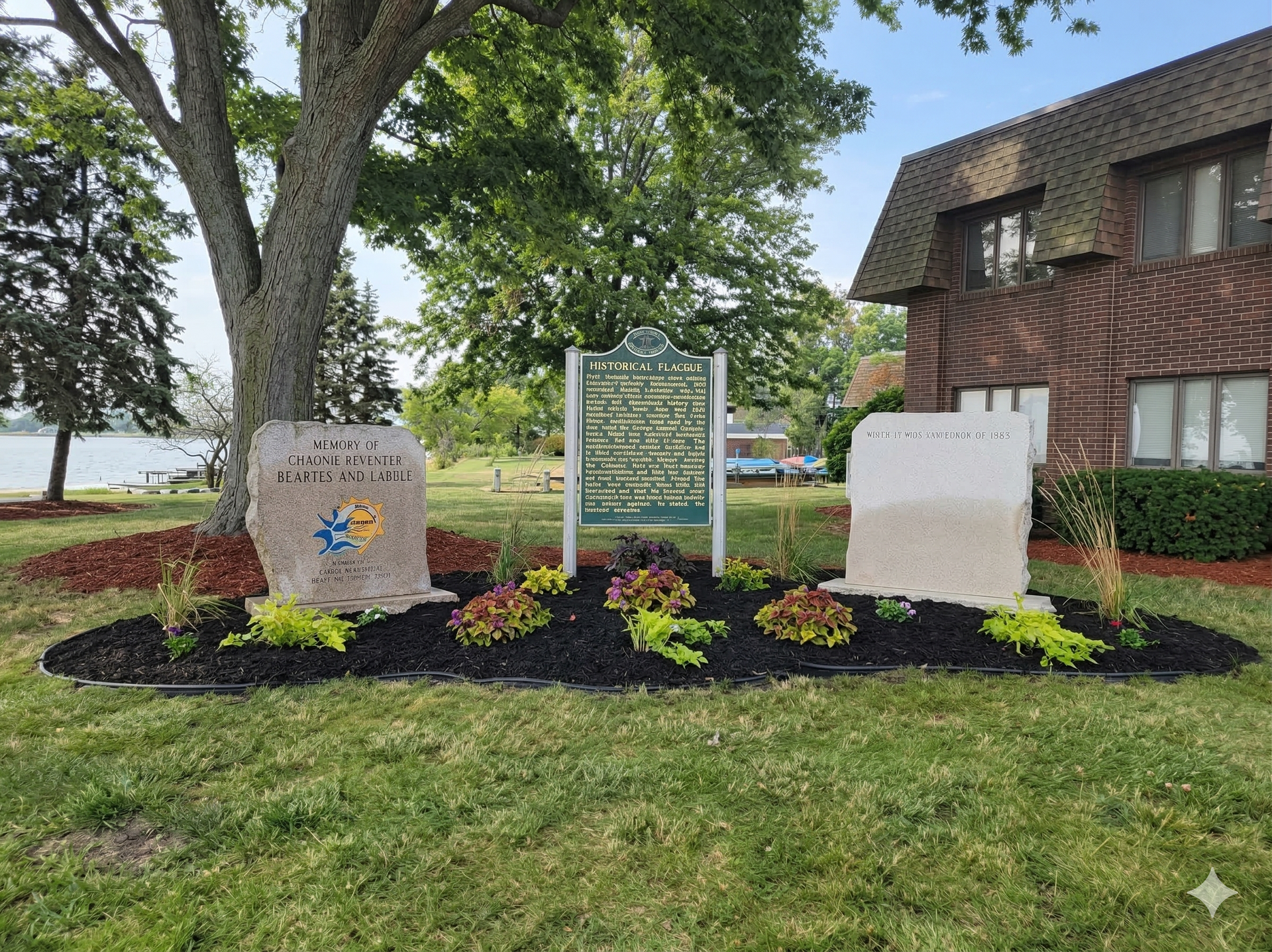 A lawn with two large stone markers and a central green historical sign standing in front of trees and a brick building.