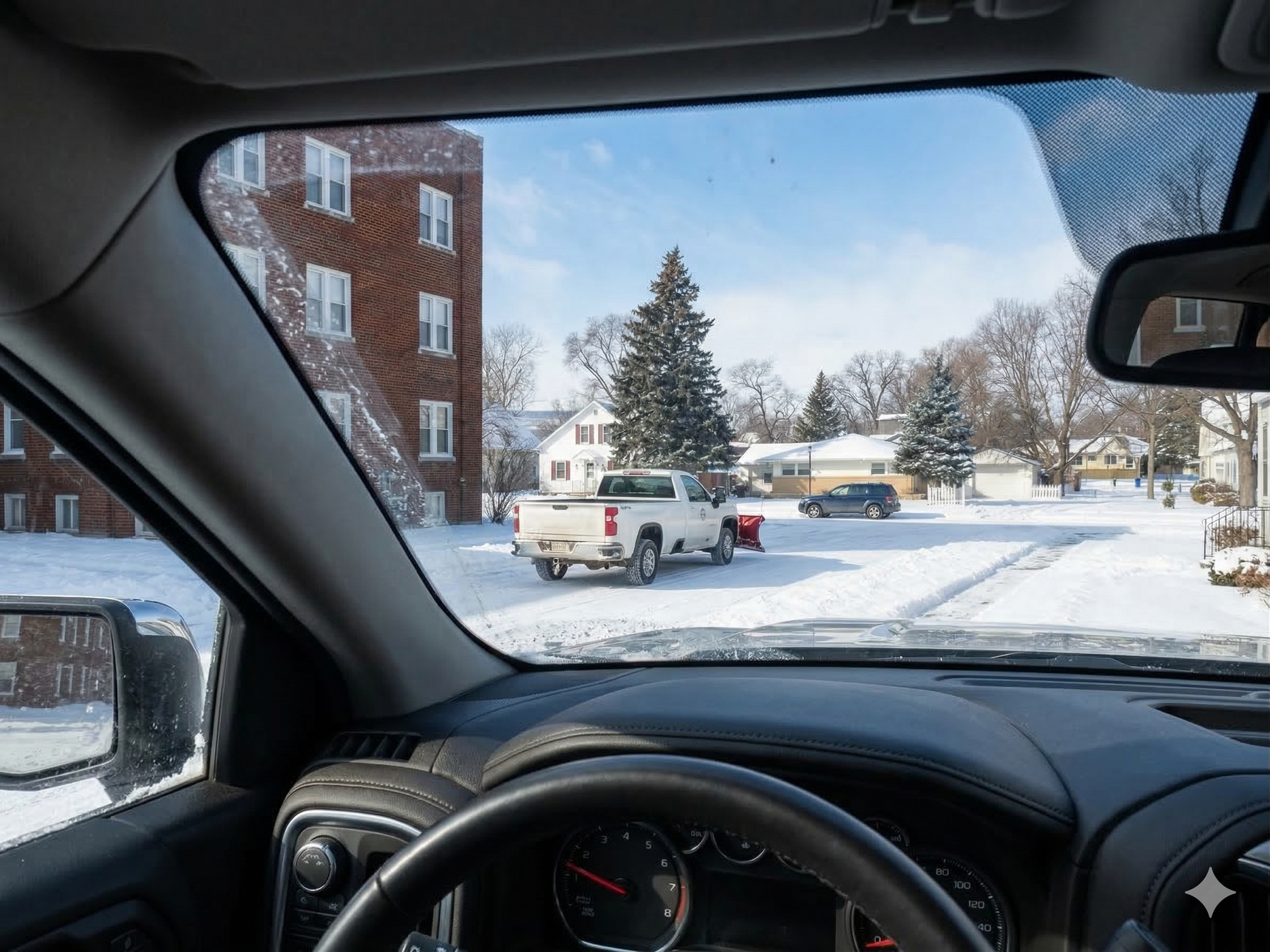 A view from inside a vehicle looking out at a snow-covered street with a white pickup truck parked nearby.
