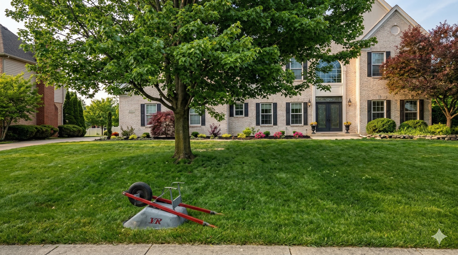 An overturned metal wheelbarrow sits on a green lawn in front of a brick two-story suburban house.