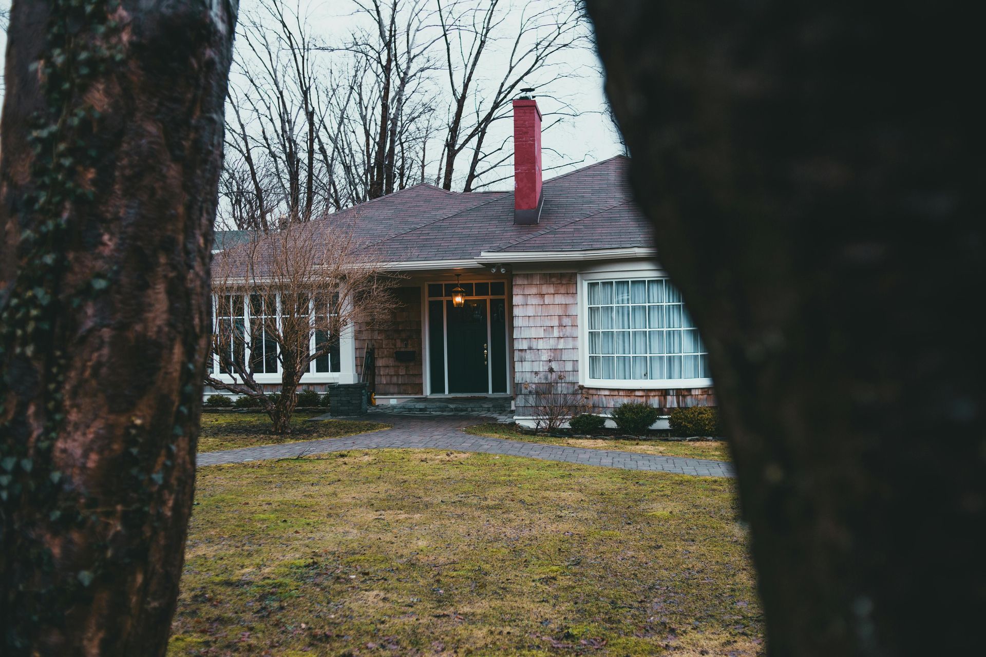 A single-story brick house with a prominent red chimney, viewed through the gap between two large, dark tree trunks.