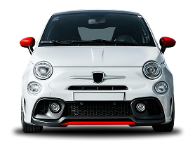 Front view of a white compact car with red side mirrors and trim on a plain white background | Charlie's Car Care