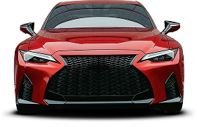 Front view of a red sports sedan with a black grille and sharp headlights on a white background | Charlie's Car Care