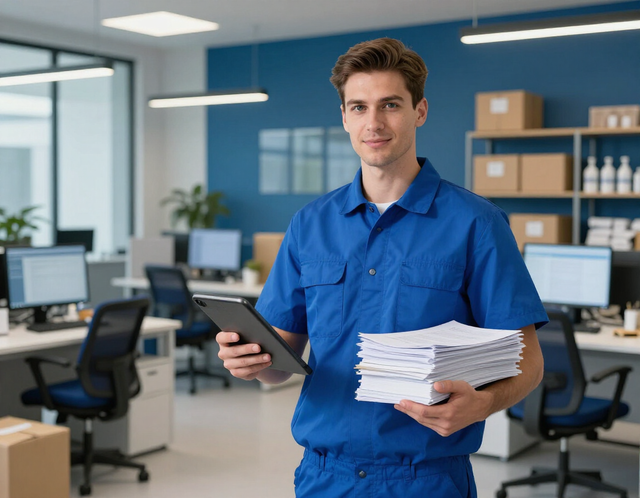 Mensajero empresarial con documentos y paquetería