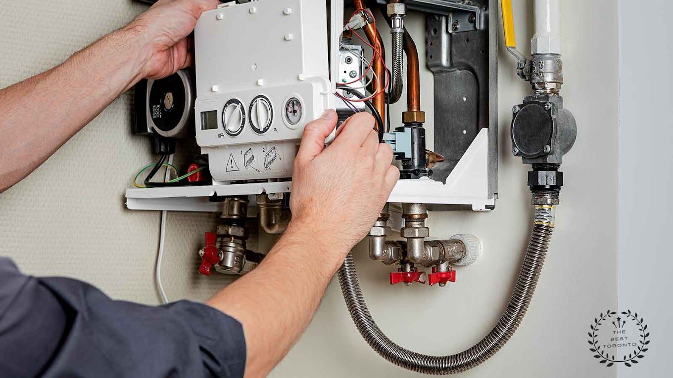 A man is fixing a water heater with a wrench.
