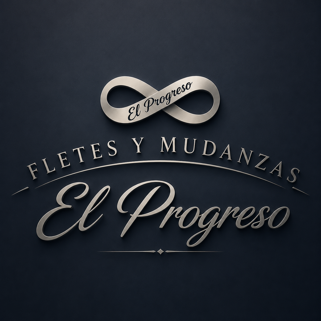 Logotipo de la empresa de mudanzas “El Progreso”, con letras plateadas sobre fondo azul oscuro.