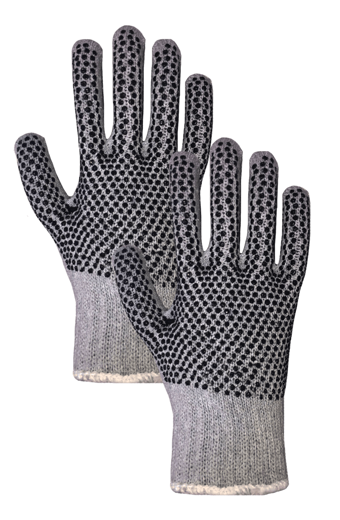 Un par de guantes blancos y negros sobre un fondo blanco.