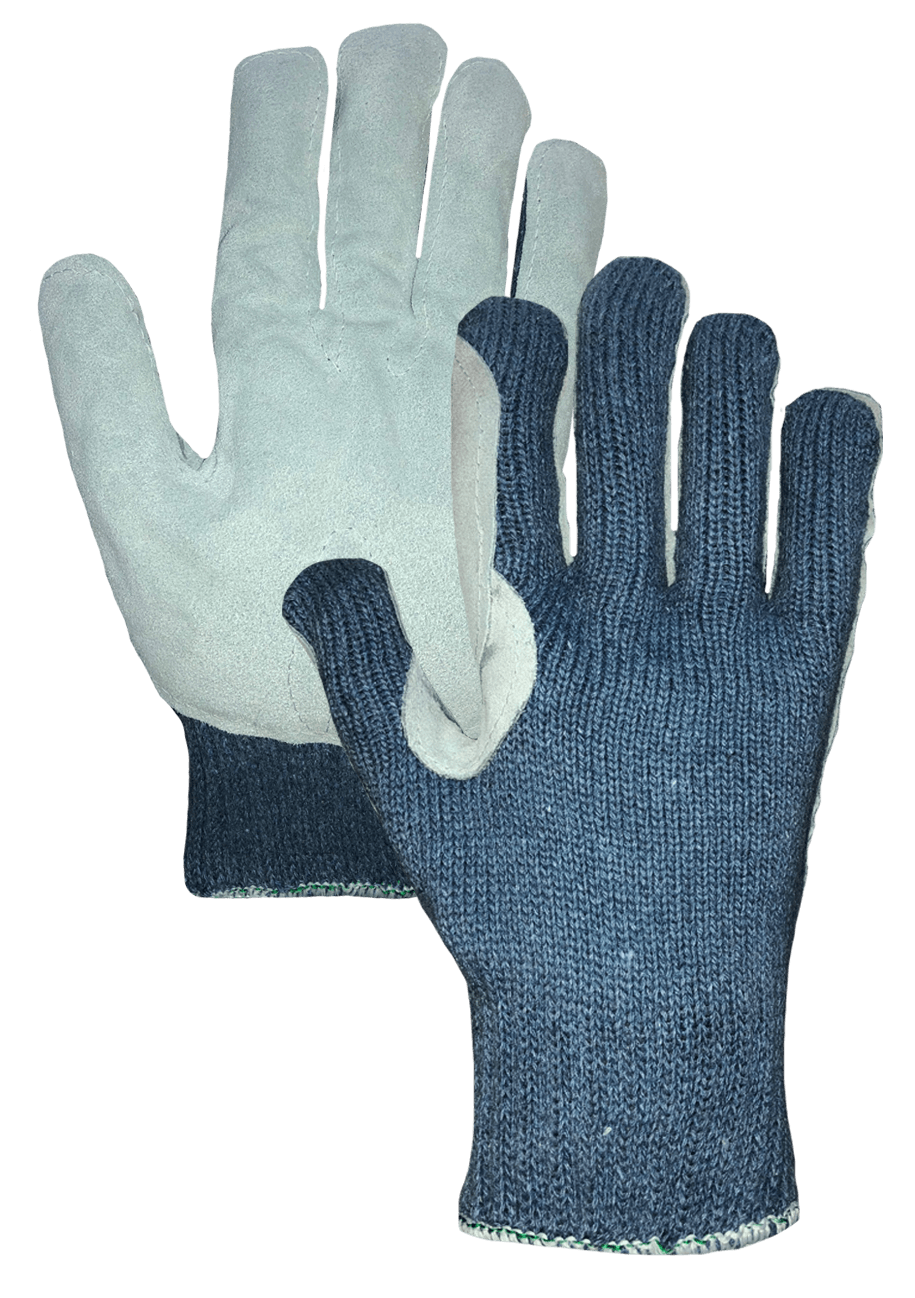 Un par de guantes azules y blancos sobre un fondo blanco.