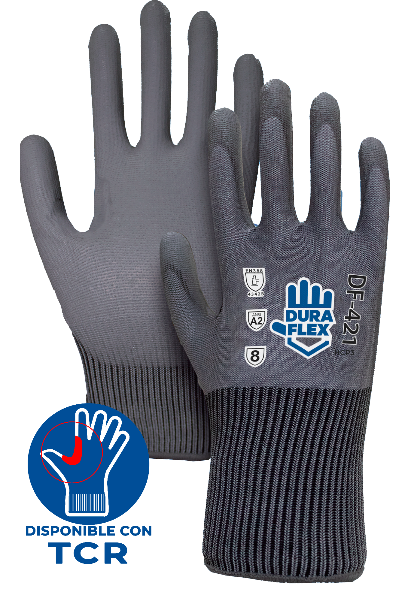 Un par de guantes de seguridad blancos y grises con un logo.