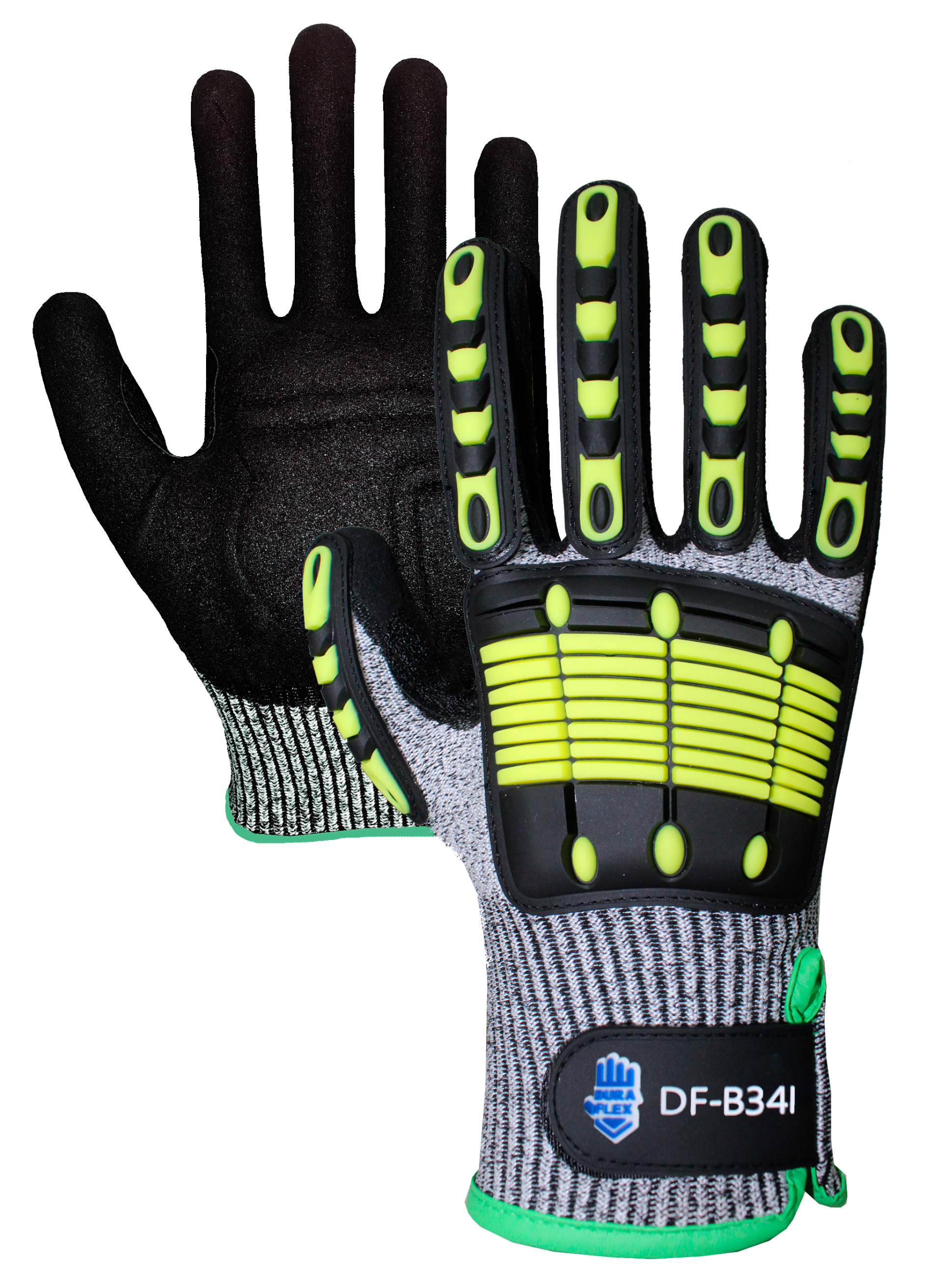 Un par de guantes de seguridad negros y amarillos sobre fondo blanco.