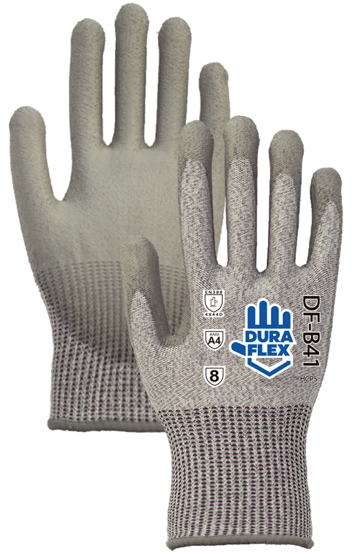 Un par de guantes grises con un logo sobre un fondo blanco.