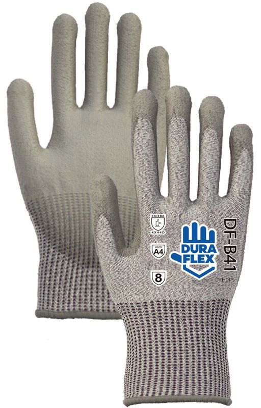 Un par de guantes de seguridad grises sobre fondo blanco.