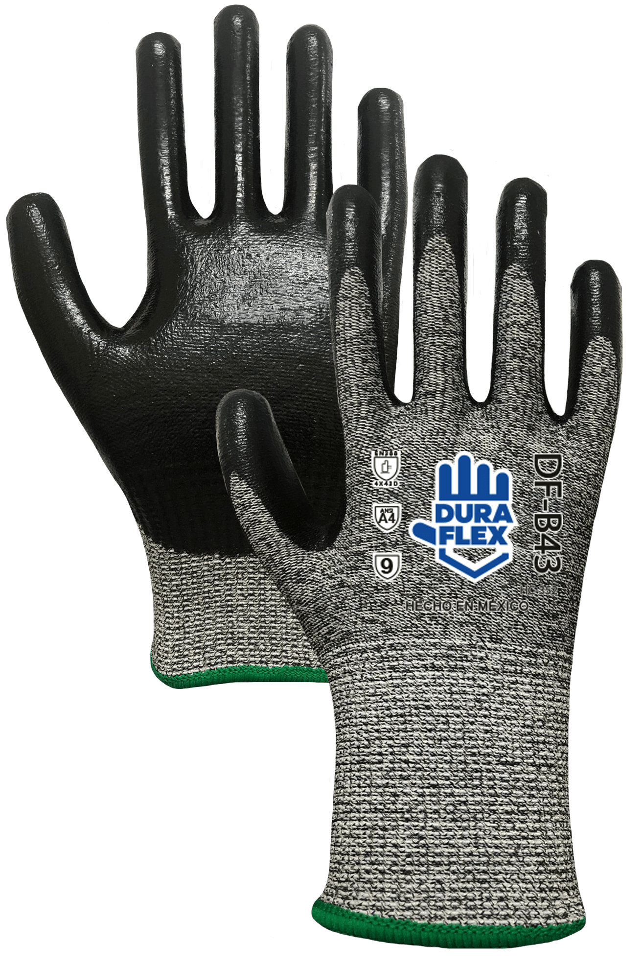 Un par de guantes resistentes a cortes con guantes de nitrilo negros sobre fondo blanco.