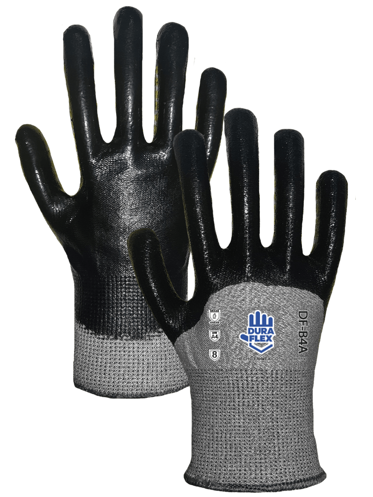 Un par de guantes de seguridad negros y grises sobre un fondo blanco