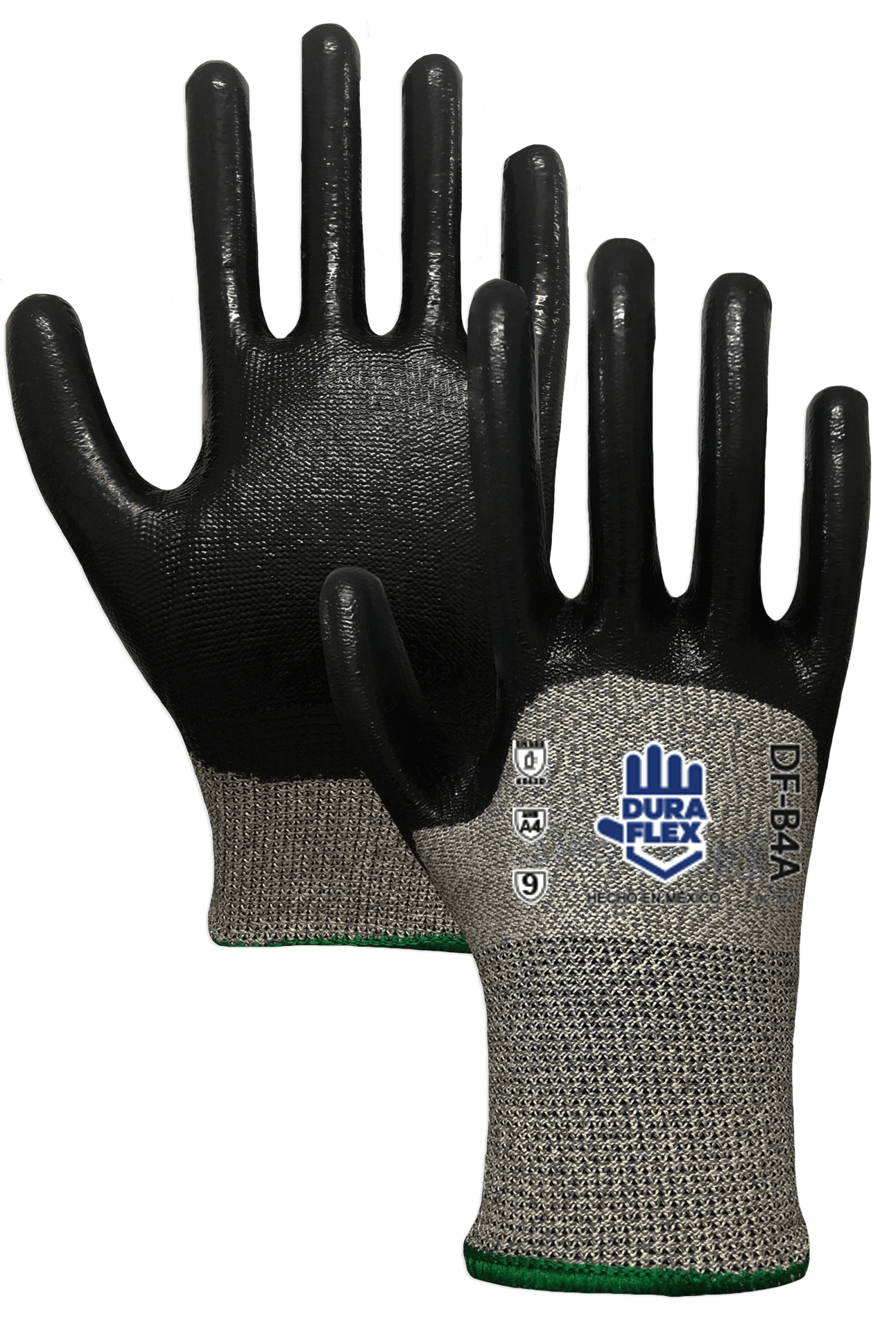 Un par de guantes de seguridad negros y grises sobre fondo blanco.