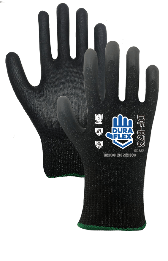 Un par de guantes negros con un logo azul sobre un fondo blanco.