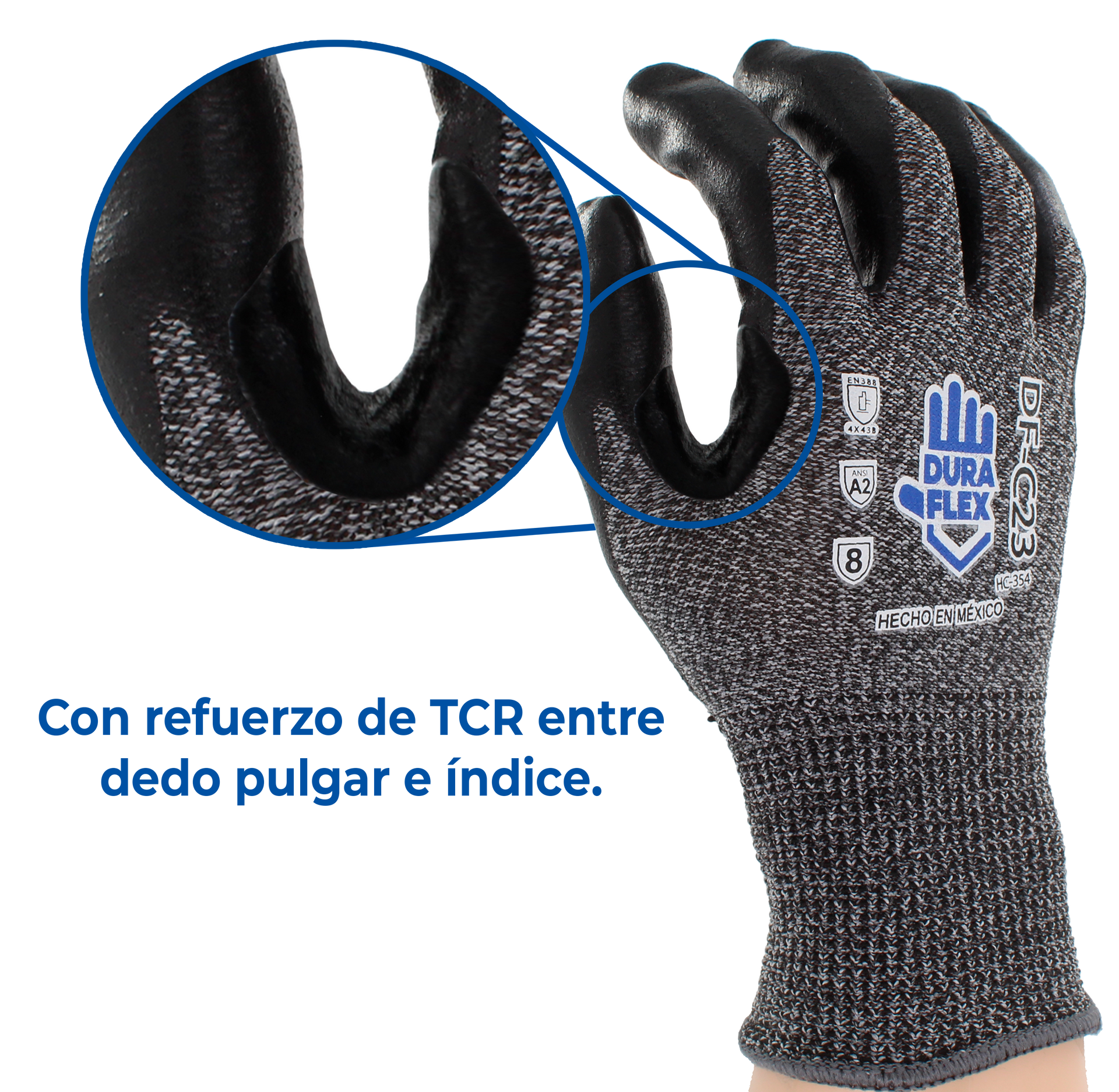 A pair of gray and black gloves with the words con refuerzo de tcr entre dedo pulgar e indice