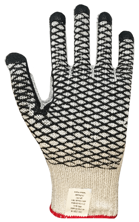 Un primer plano de una mano con un guante blanco y negro