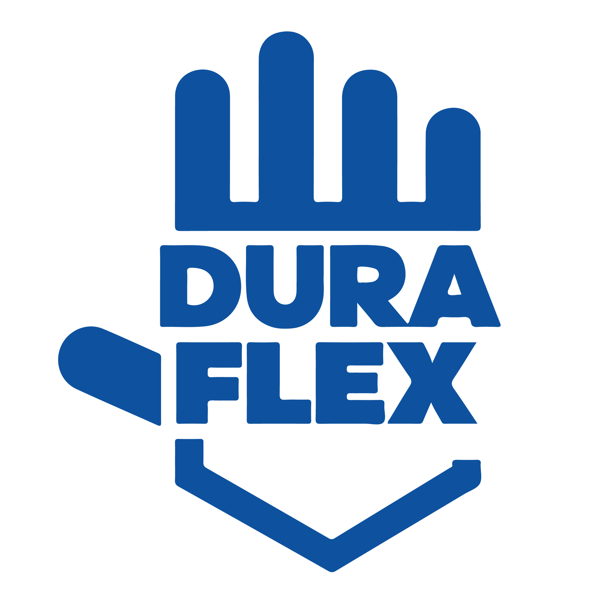 Una mano azul con las palabras dura flex en ella