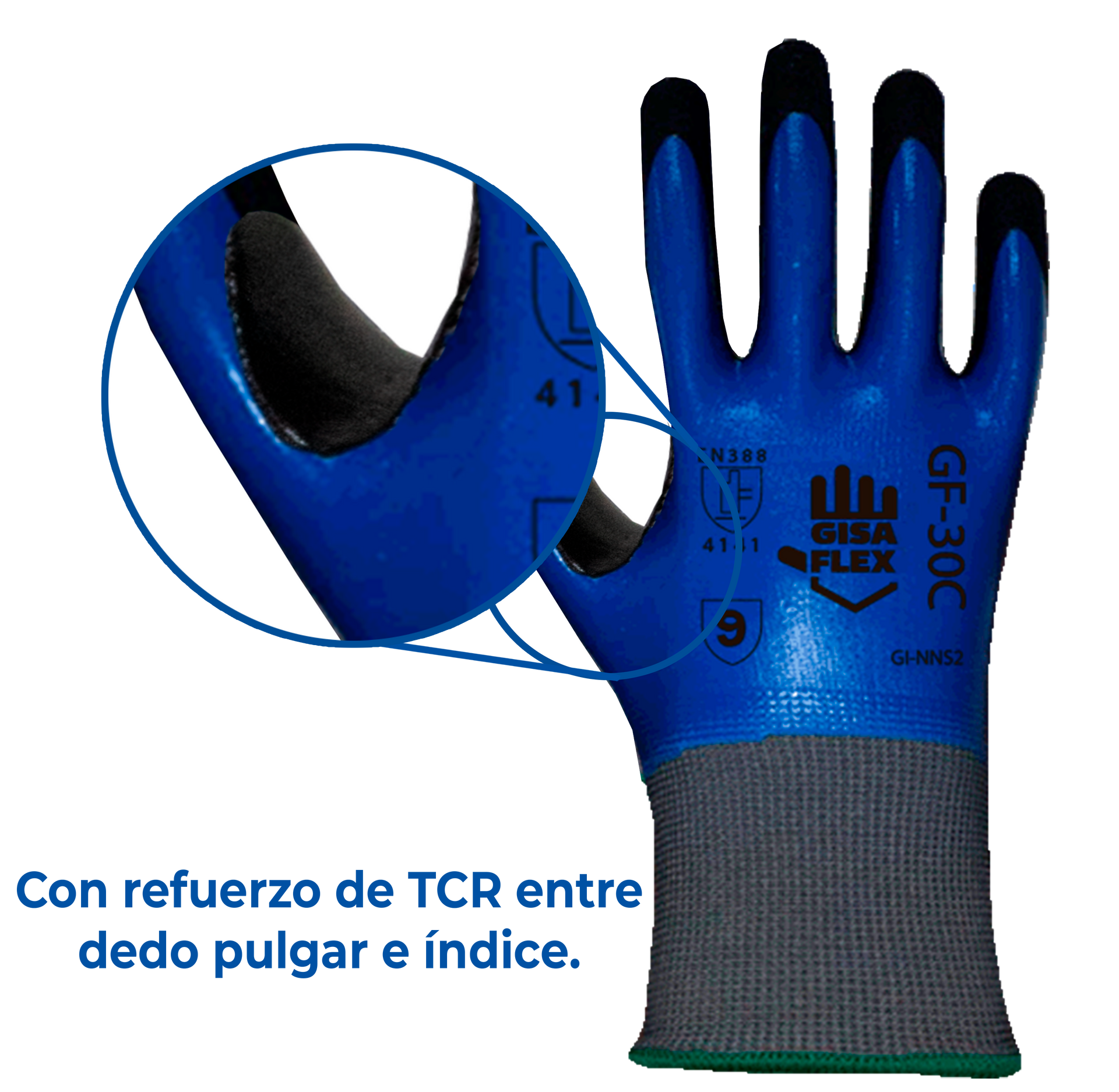 A pair of blue and gray gloves with the words con refuerzo de tcr entre dedo pulgar e indice