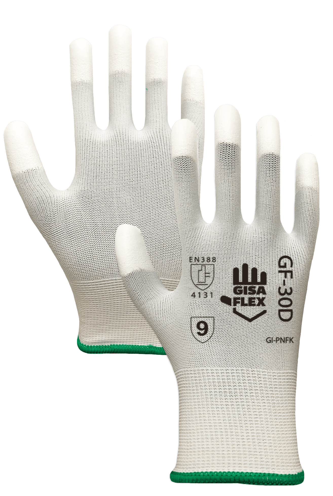 Un par de guantes blancos con dedos blancos sobre fondo blanco.