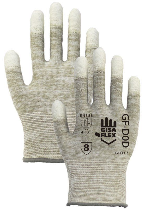 Un par de guantes de seguridad grises y blancos sobre fondo blanco.