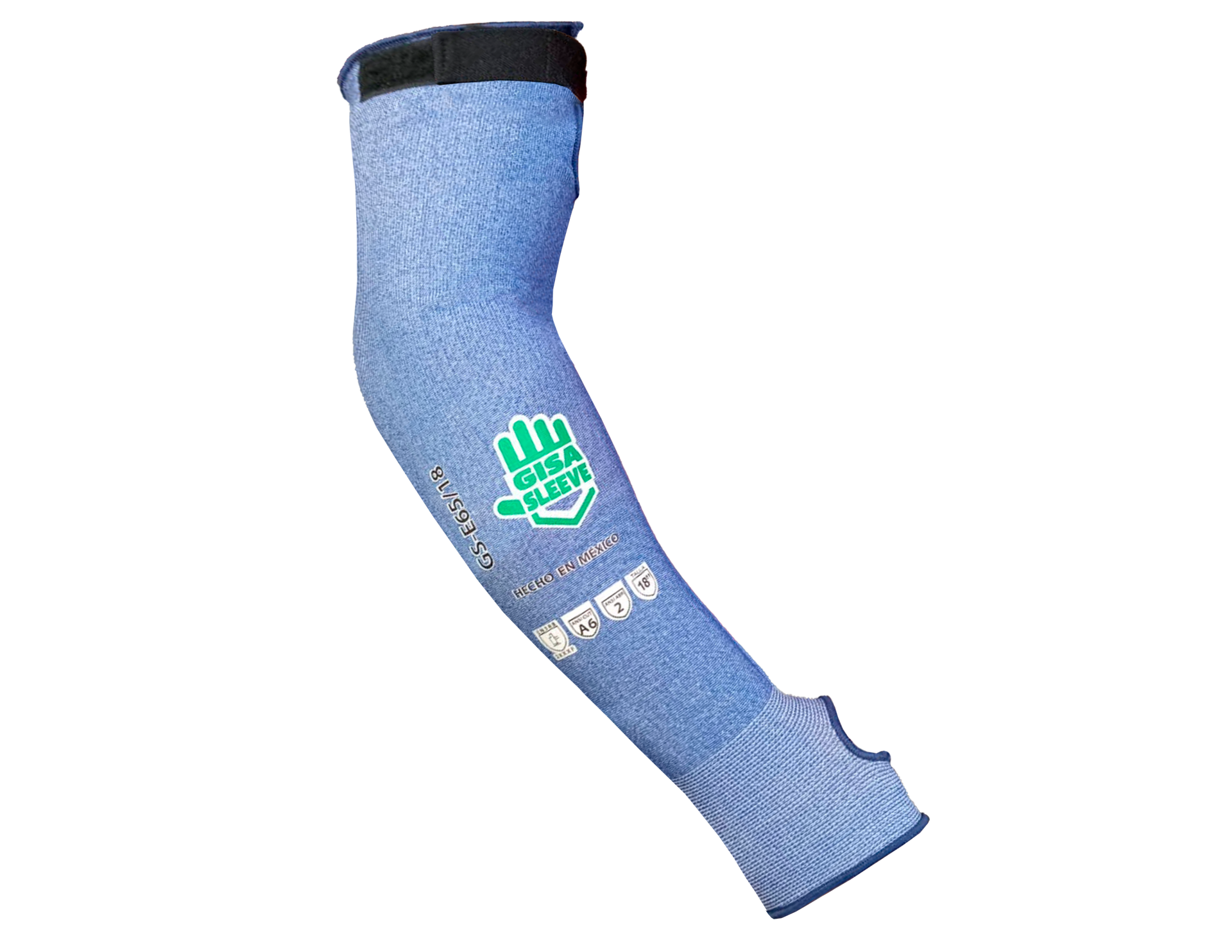 Una manga azul con una mano verde sobre un fondo blanco.