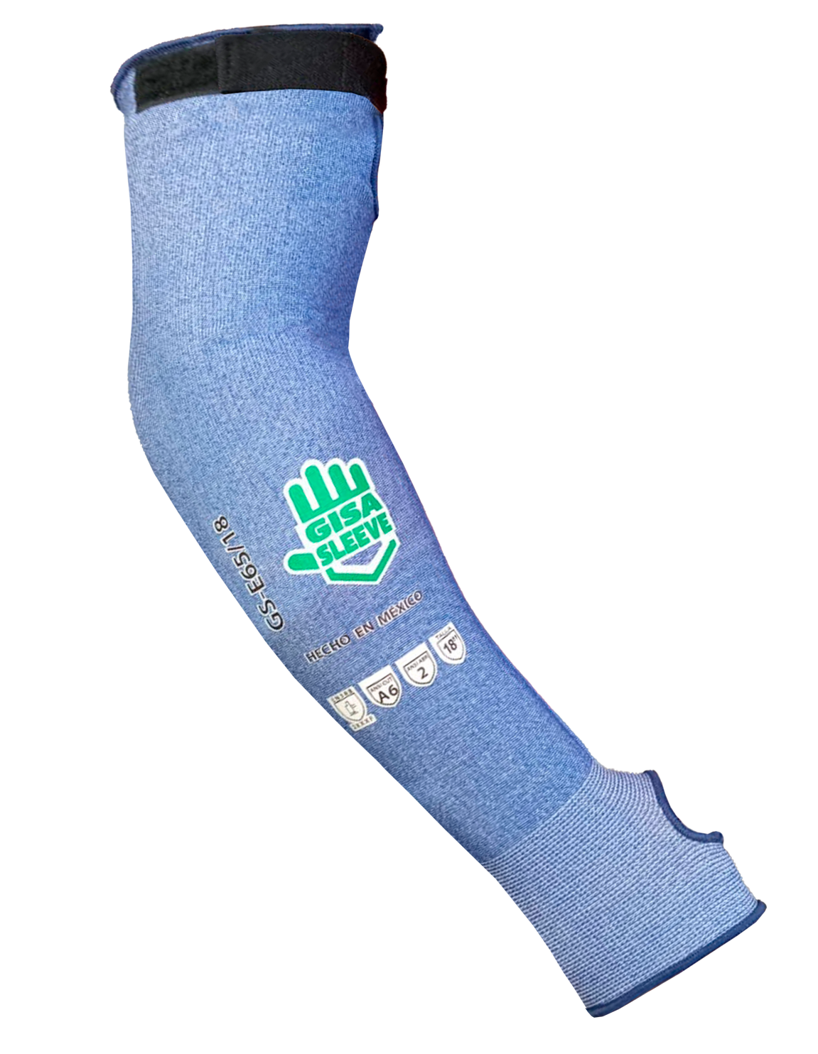 Una manga azul con una mano verde.