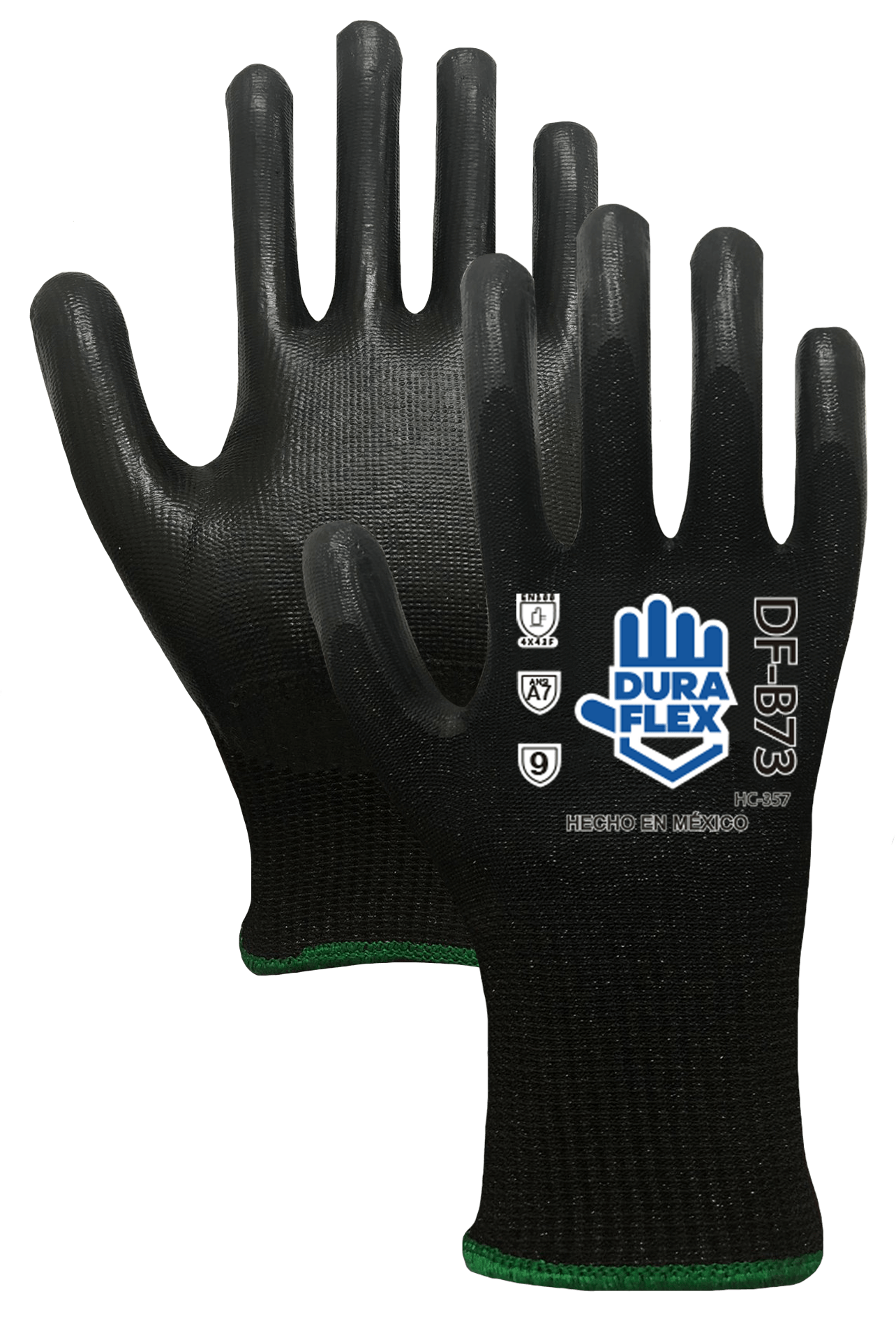 Un par de guantes negros que dicen dura flex