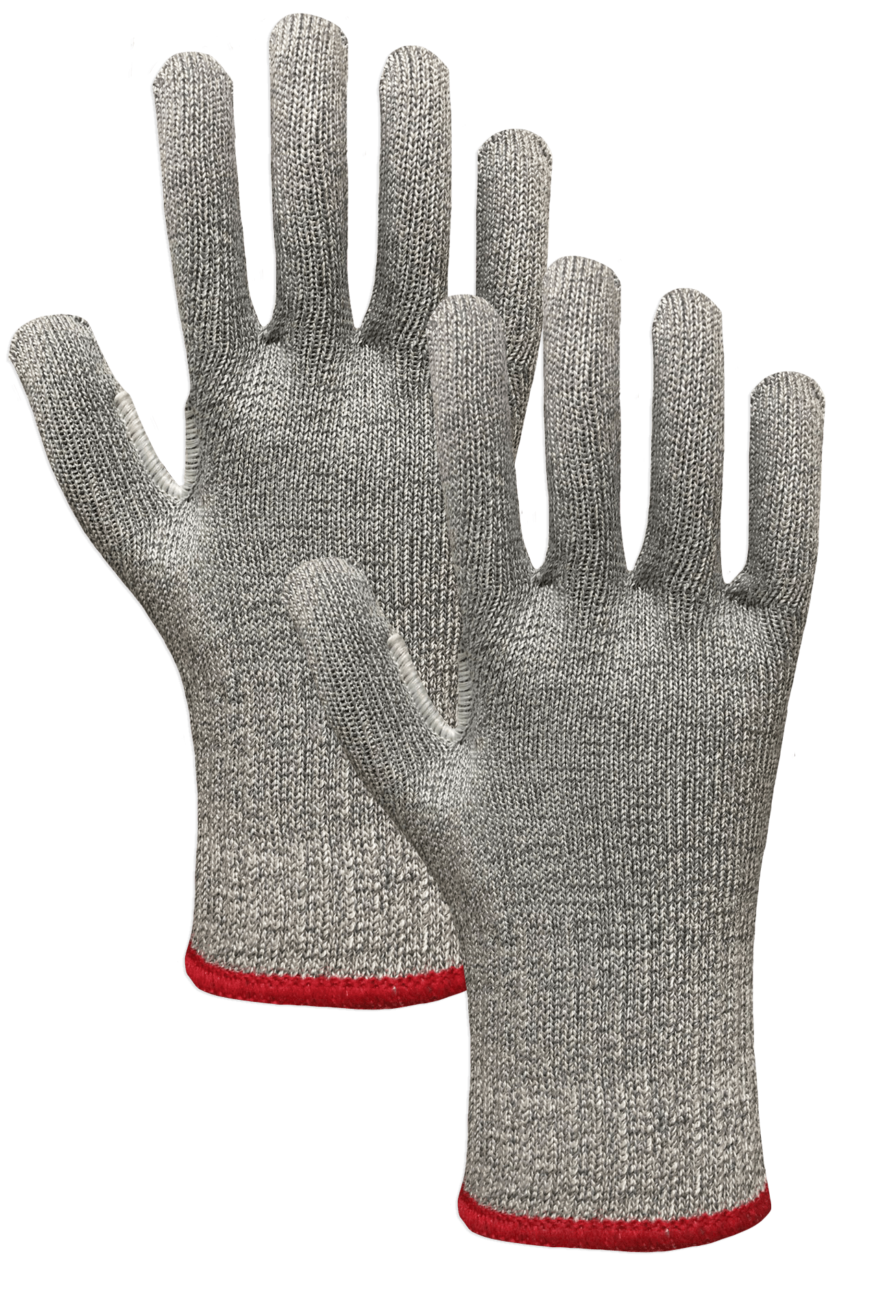 Un par de guantes resistentes a cortes con puño rojo sobre fondo blanco.