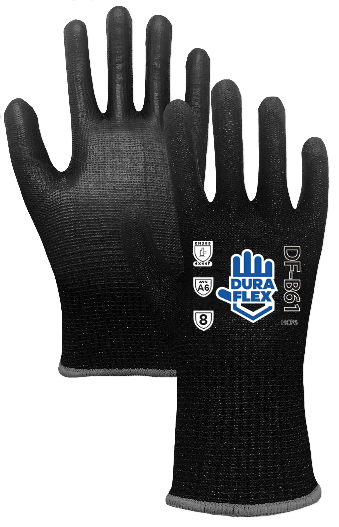 Un par de guantes negros con un logo azul.