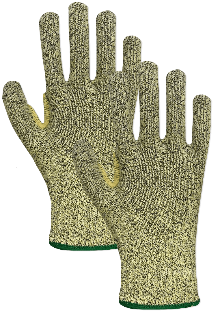 Un par de guantes resistentes a cortes sobre un fondo blanco.