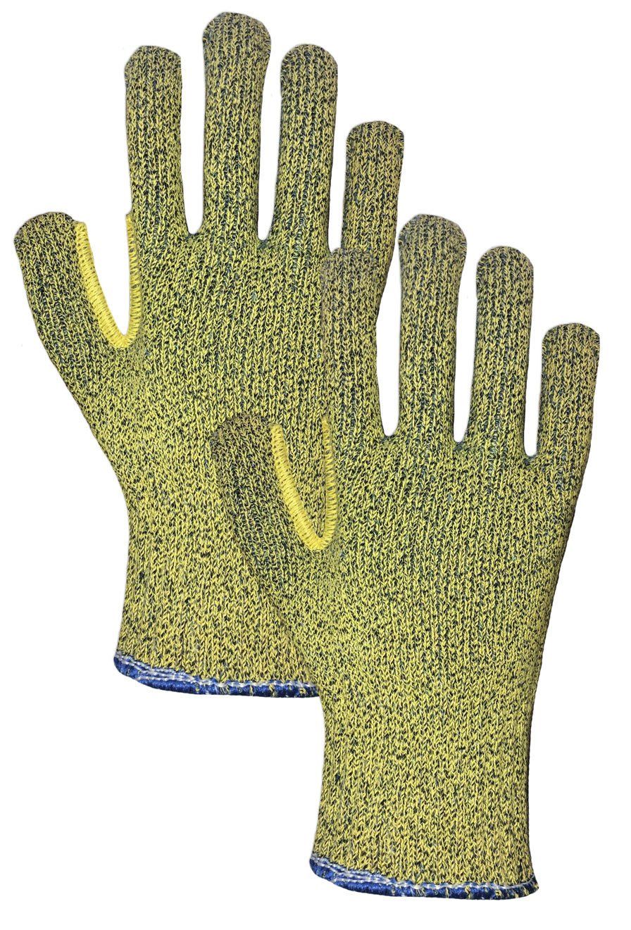 Un par de guantes amarillos y negros sobre fondo blanco.