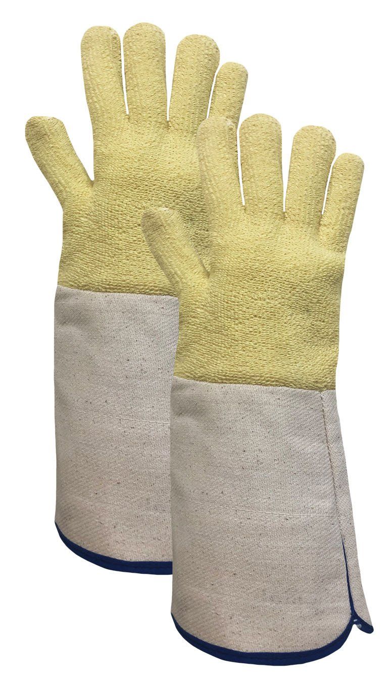 Un par de guantes amarillos y blancos sobre fondo blanco.