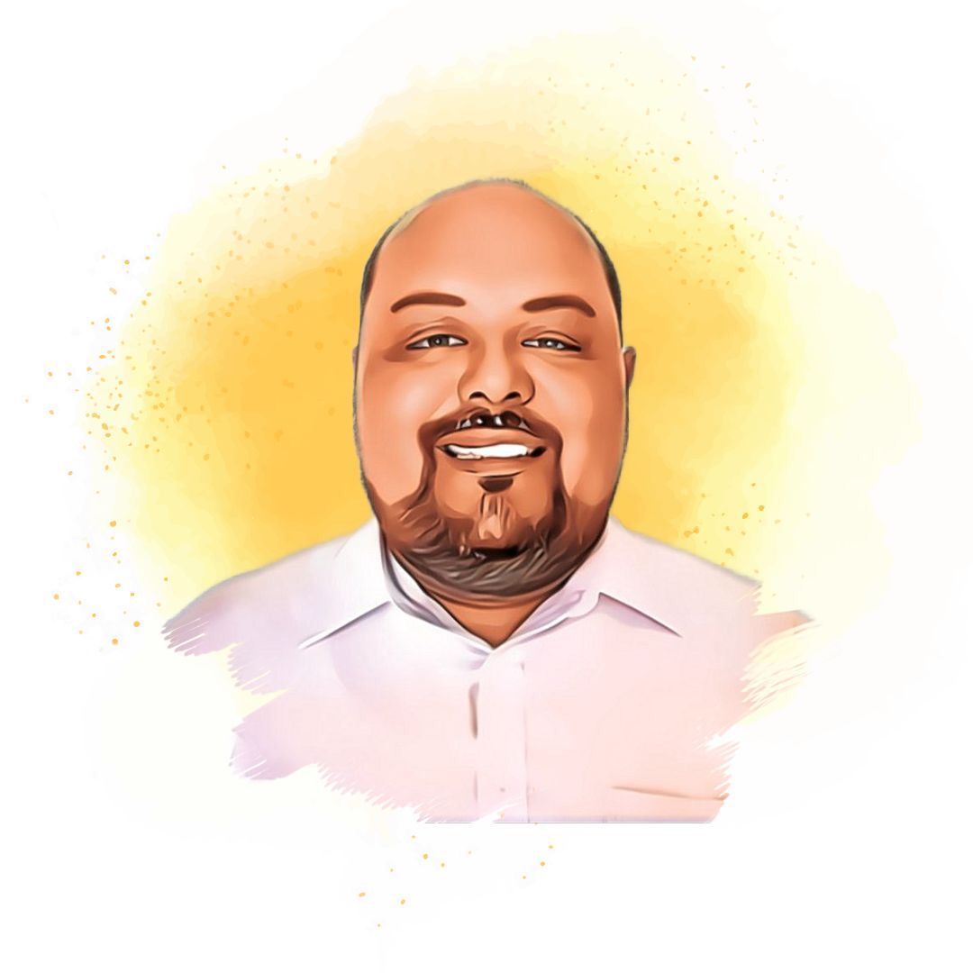Un retrato caricaturizado de un hombre con barba, vestido con una camisa blanca y sonriendo.