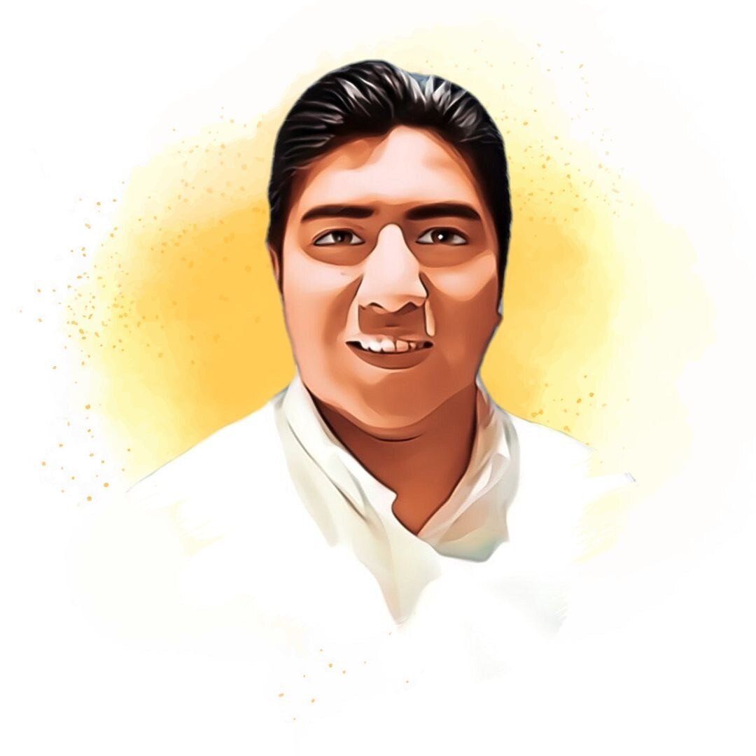 Un dibujo animado de un hombre con un fondo amarillo