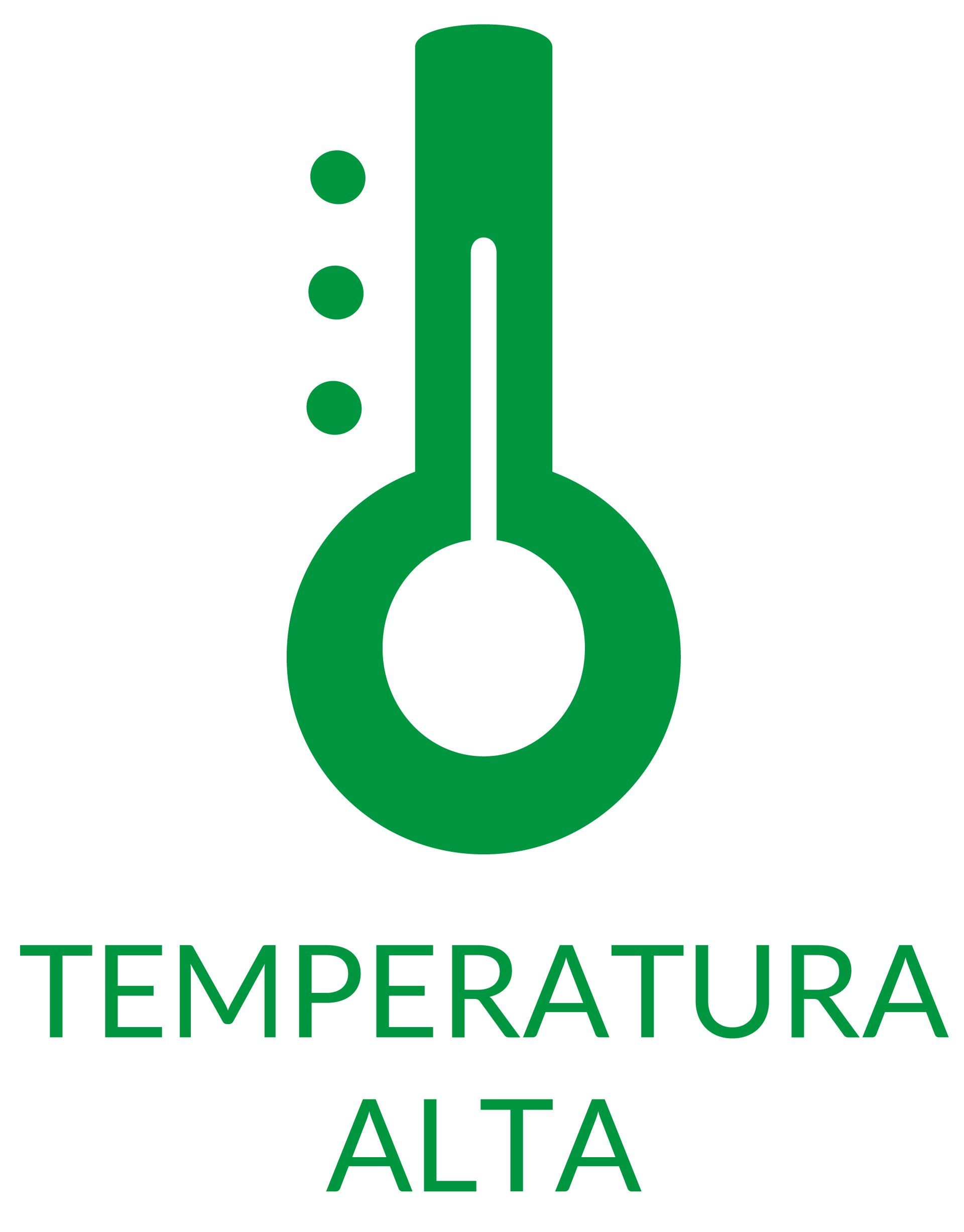 Un termómetro verde con las palabras temperatura alta debajo.