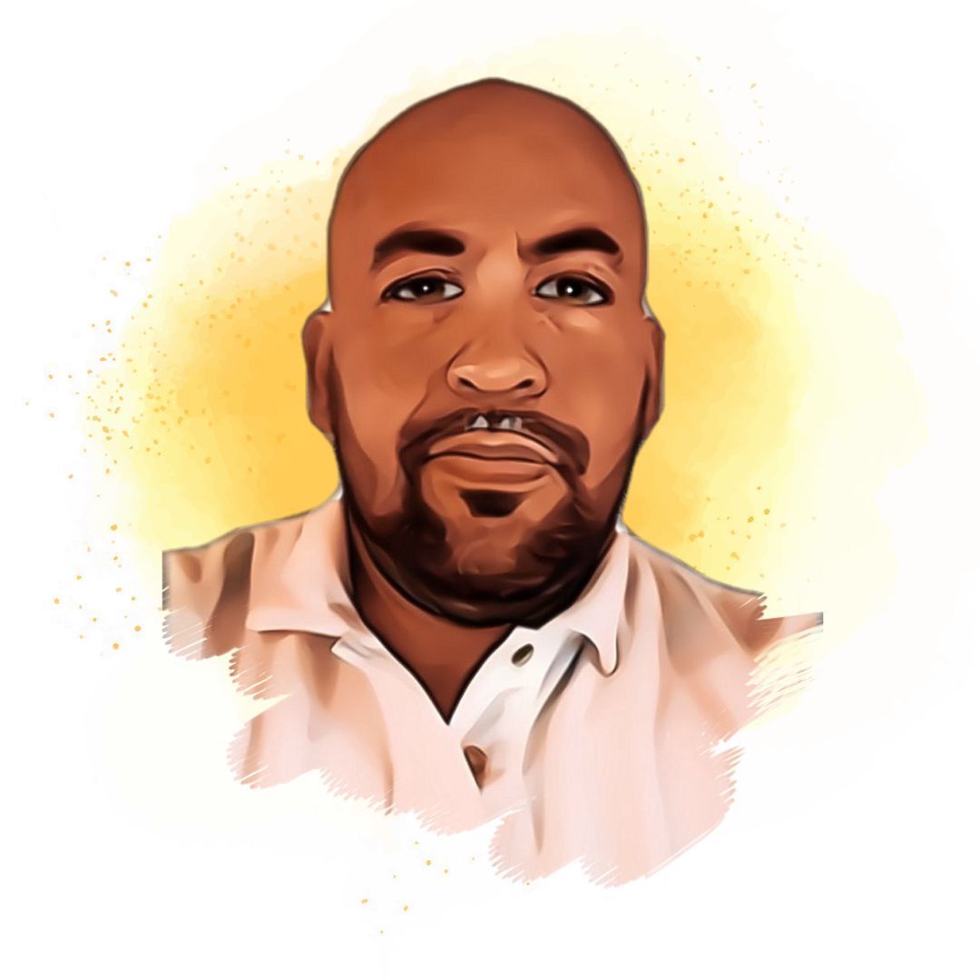 Una caricatura de un hombre calvo con barba y camisa blanca.