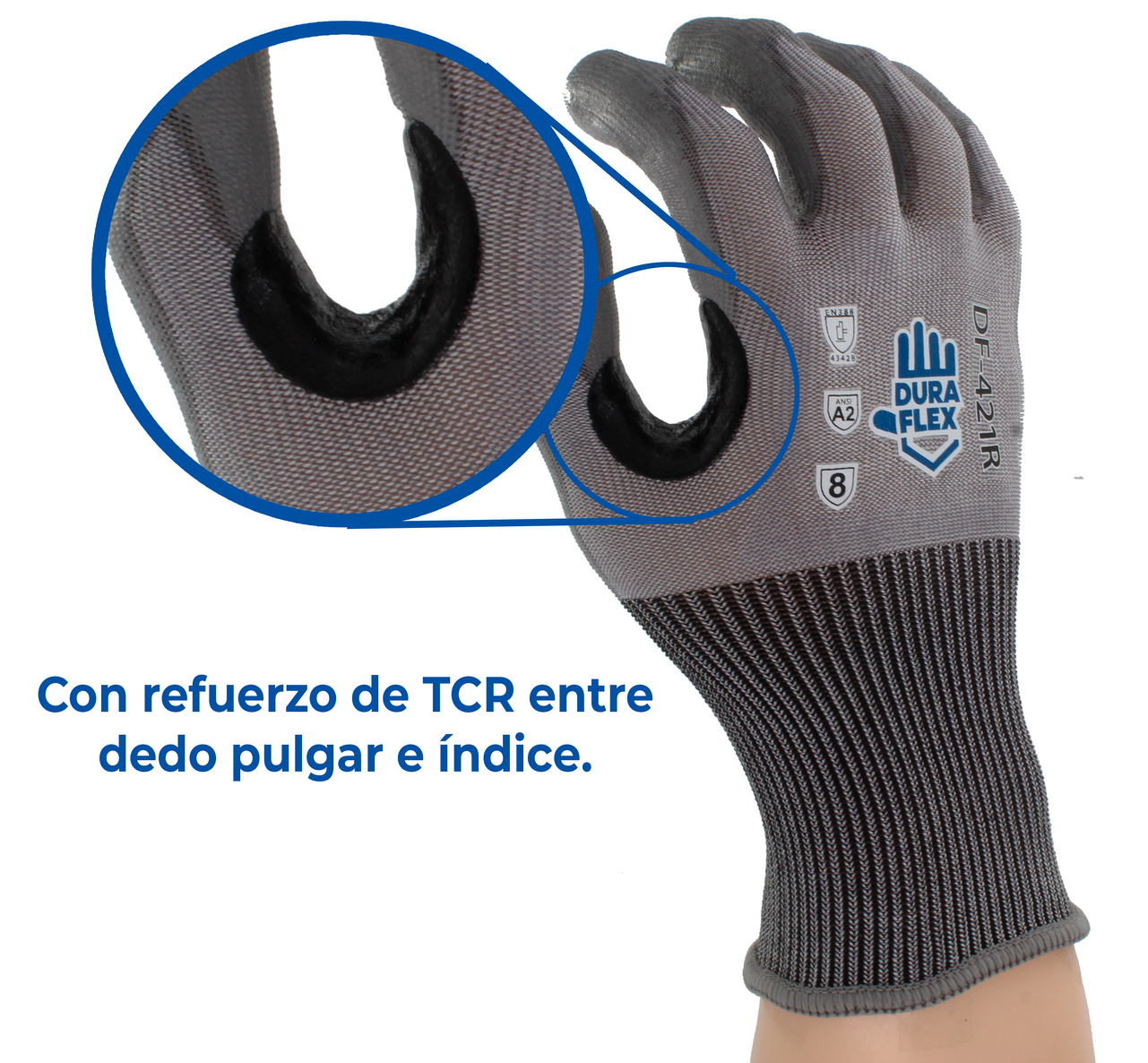 A close up of a pair of gloves that says con refuerzo de tcr entre dedo pulgar e indice