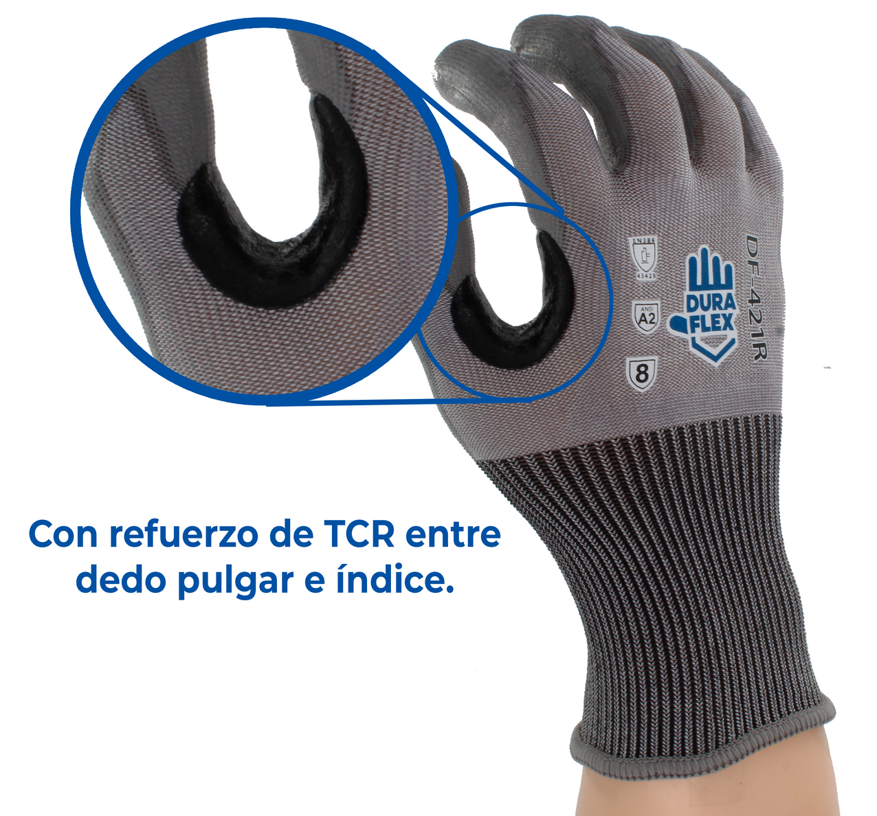 Un primer plano de un par de guantes con las palabras con refuerzo de tcr entre dedo pulgar e indice