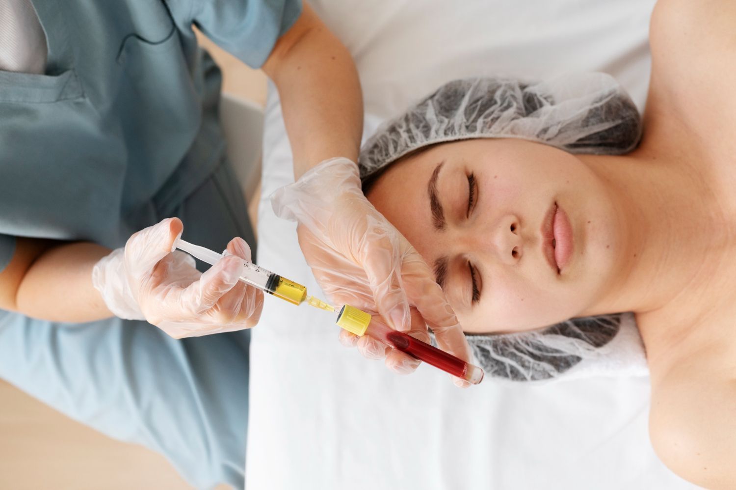 A woman is getting a botox injection in her face.