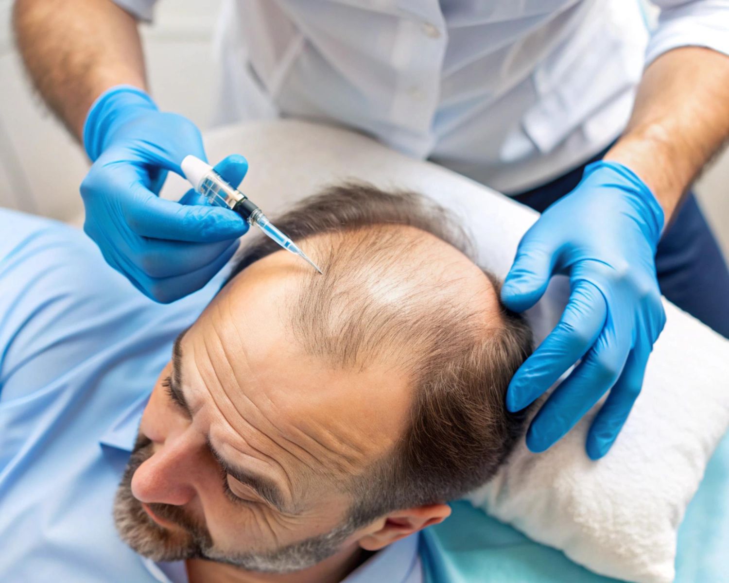 A man is getting an injection in his head by a doctor.