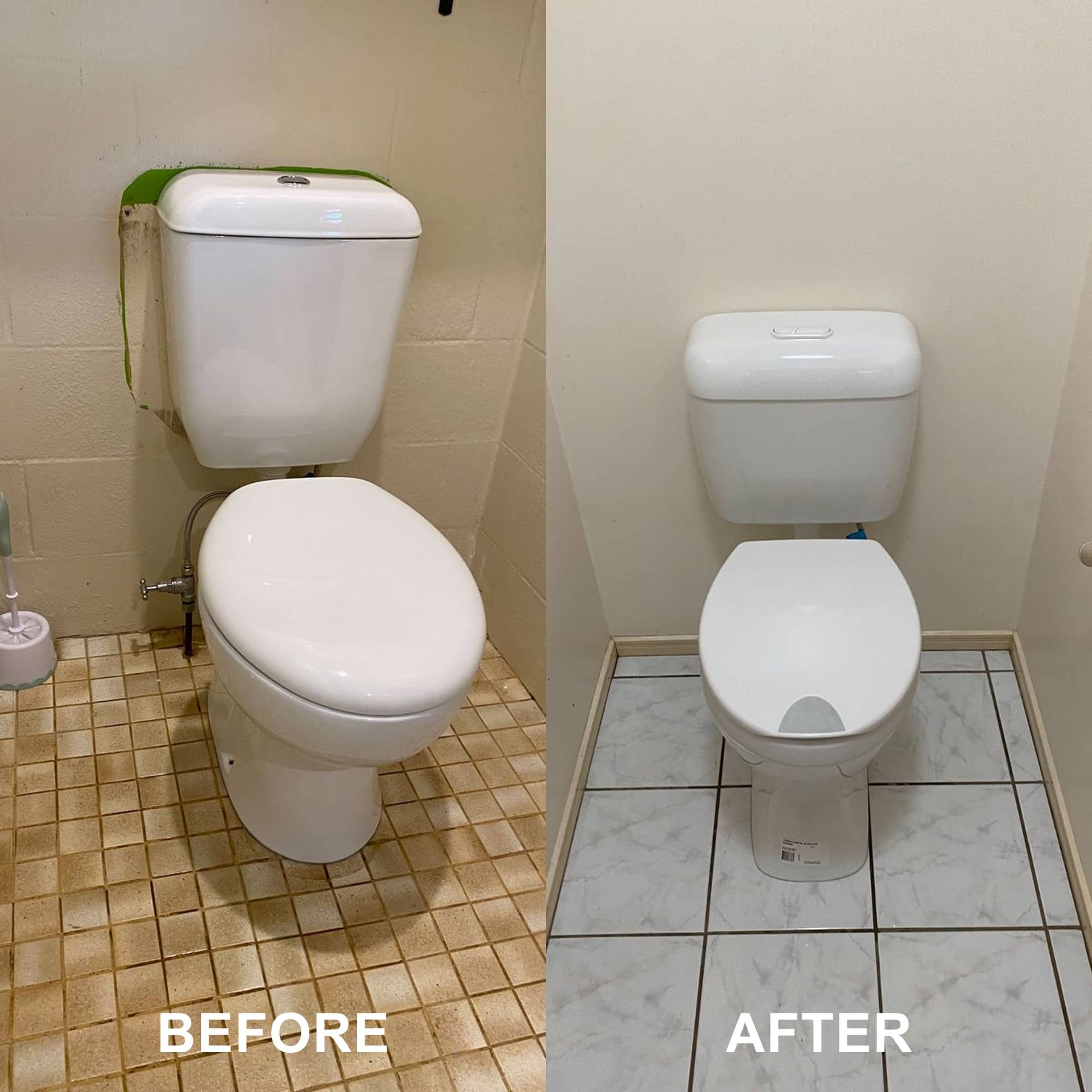 Before and after comparison of a toilet; the before shows a dirty toilet and floor; after is clean and on new tiles.
