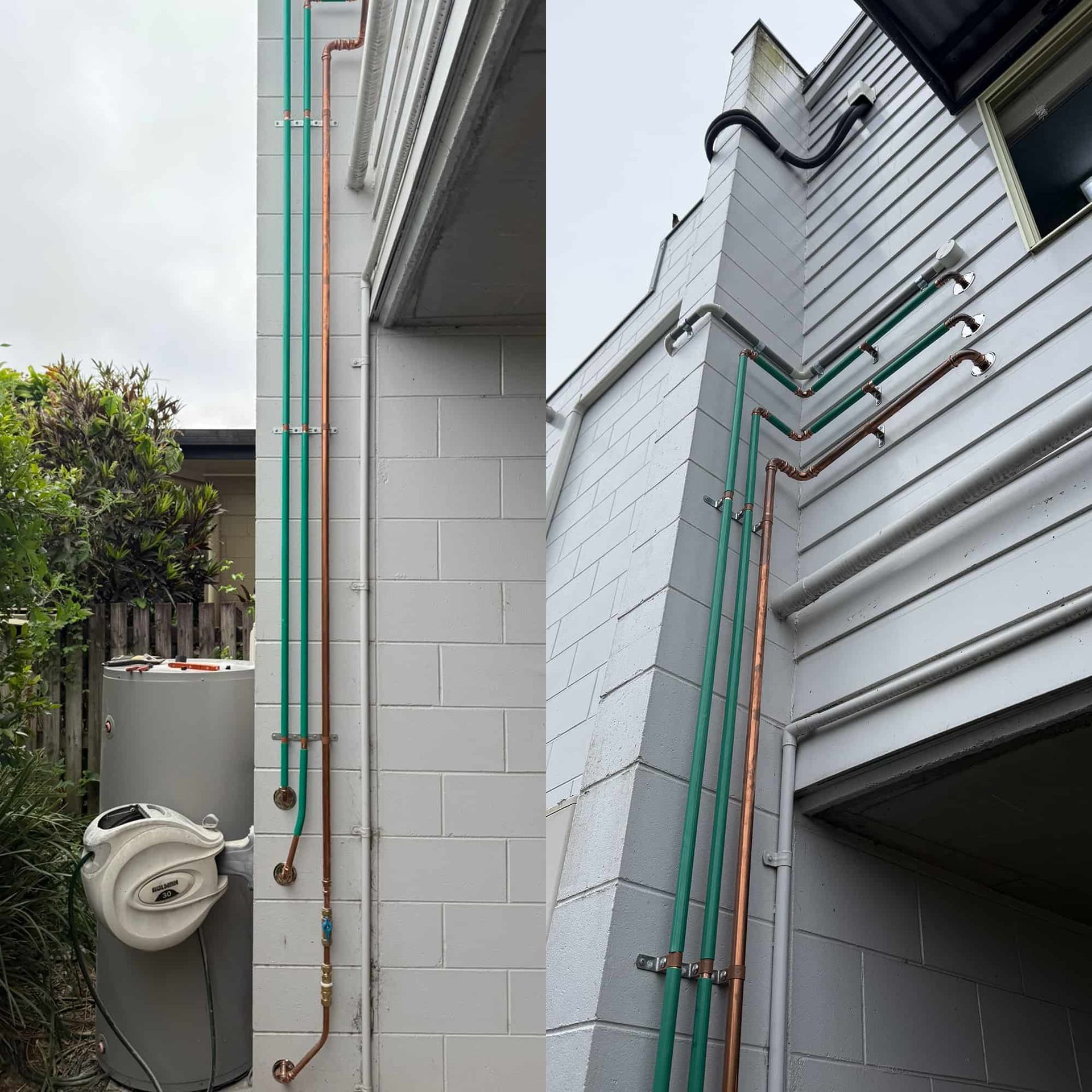 Two photos: copper and green pipes running vertically along exterior white brick walls.